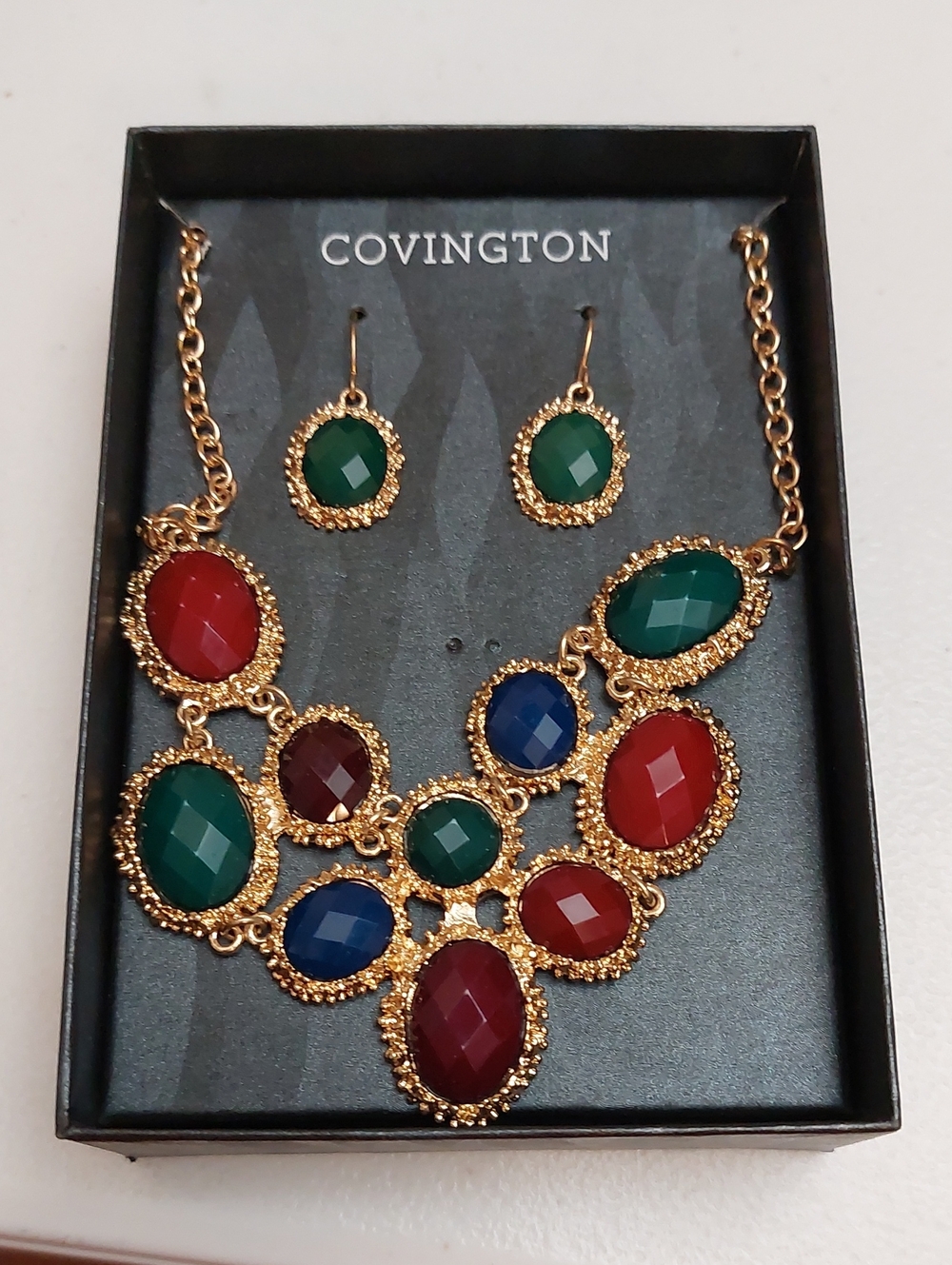 Covington Bright Multicolor Gripoix Style Bib Necklace And Earrings Set